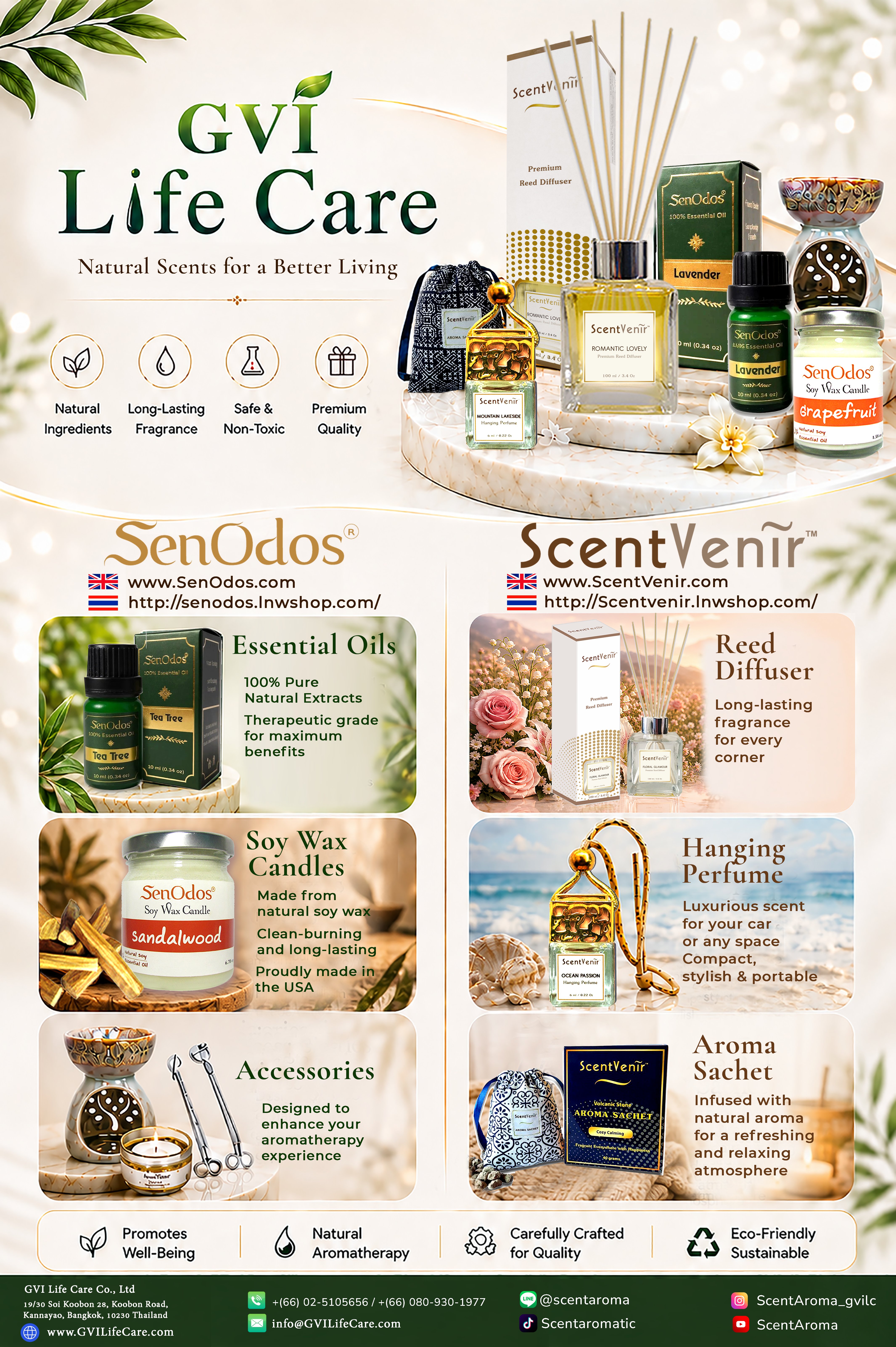 GVI Life Care Co., Ltd. – Natural Scents for a Better Living. Brands: SenOdos (essential oils, soy wax candles, accessories) and ScentVenir (reed diffusers, hanging perfumes, aroma sachets). Natural ingredients, long-lasting fragrance, safe & non-toxic, premium quality.